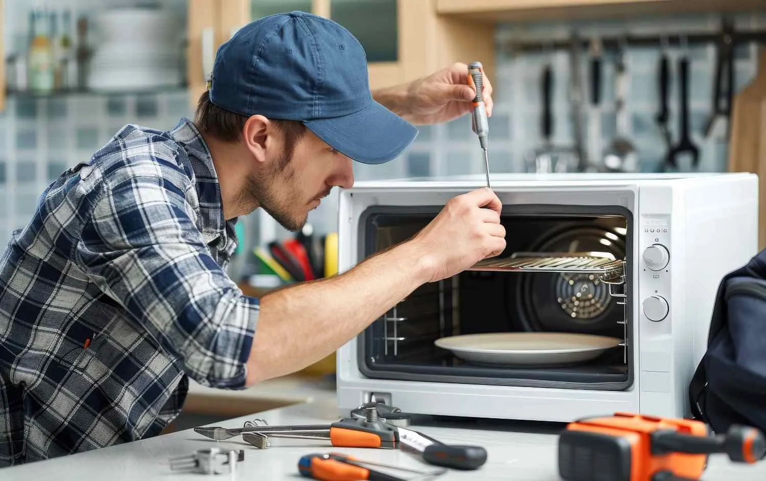 Technician fixing a countertop oven with a screwdriver